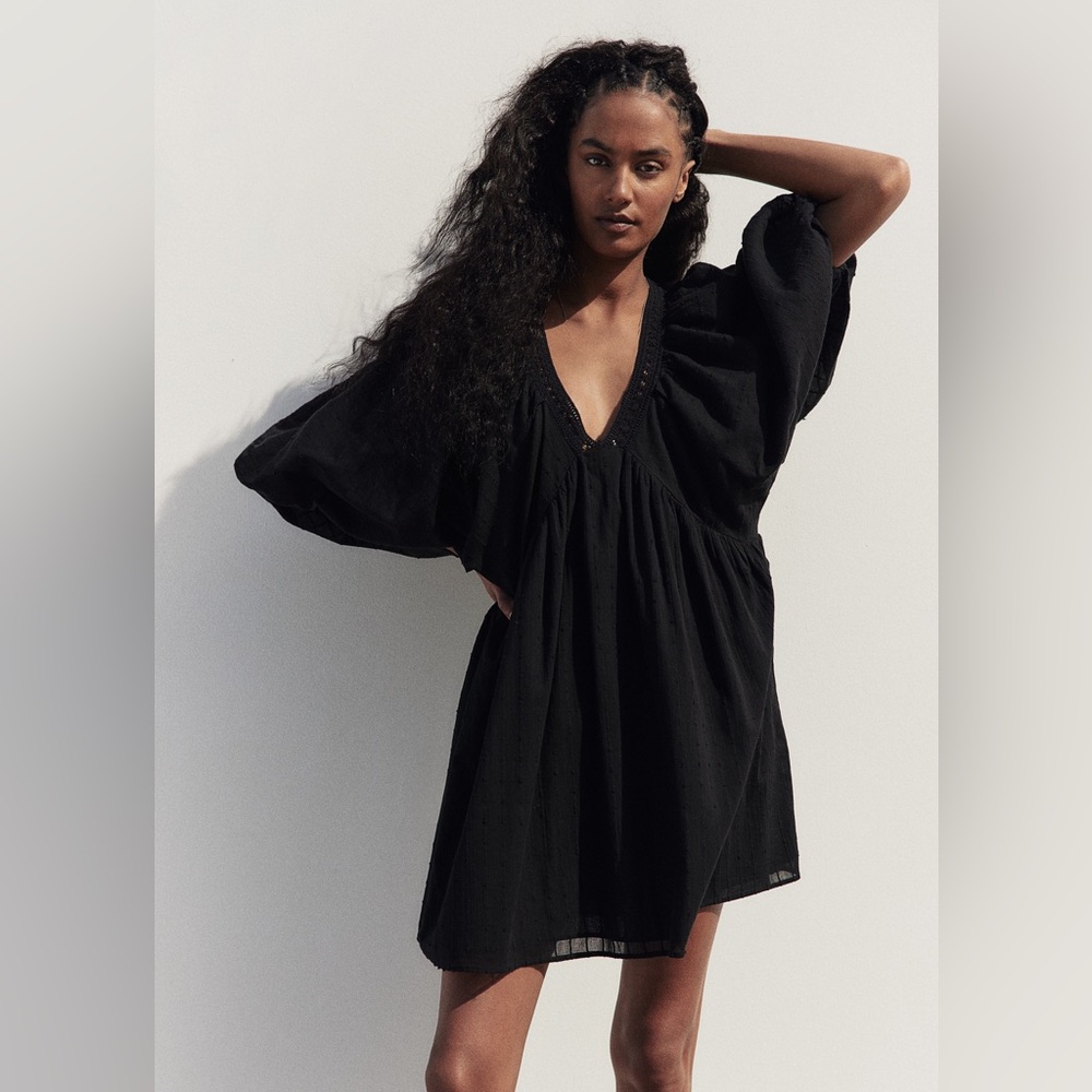 BNWT H&M Black Midi 100% Cotton Dress with Puff Balloon Sleeves - Medium - Picture 4 of 6